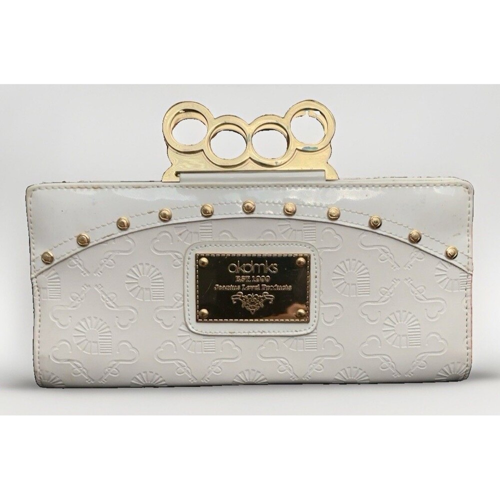 Vtg White Akademiks AKDMKS Logo Gold Brass Knuckle Handle Clutch Purse Bag Y2K